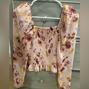 Express Pink and Red Floral Smocked Blouse